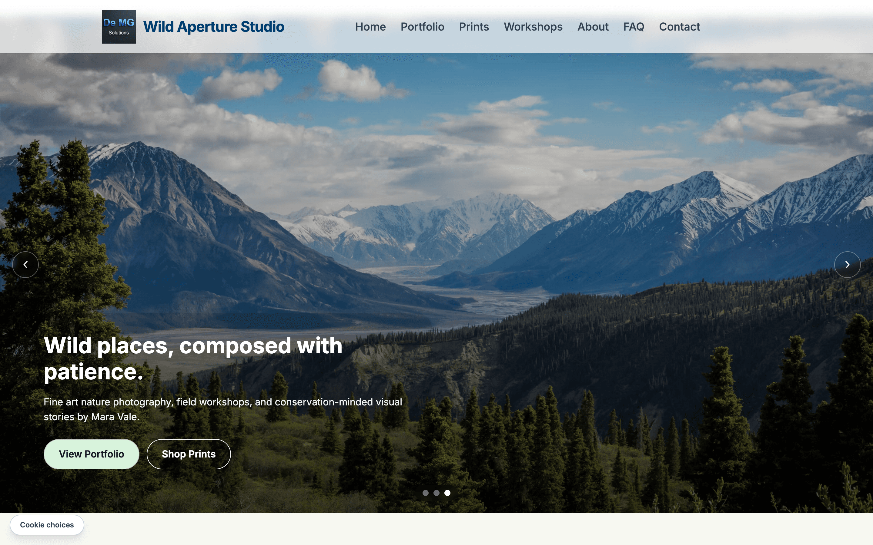 Photographer website demo homepage for a photography business